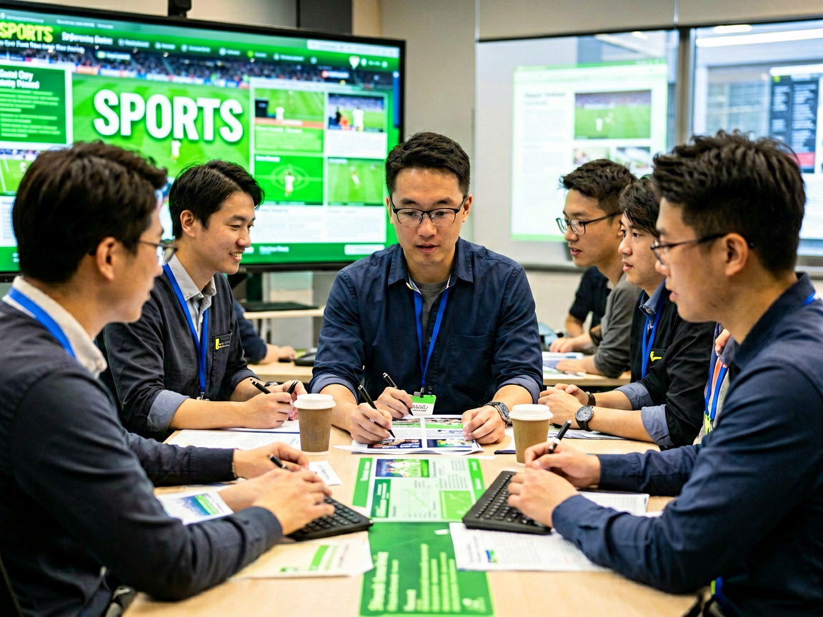 体育资讯内容生产 - 体育编辑团队在新闻编辑室进行赛事报道和内容创作
